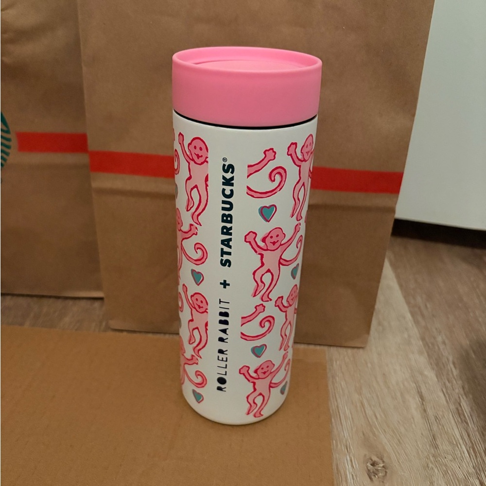 Starbucks Roller Rabbit Pink and White Tumbler with Monkey Design